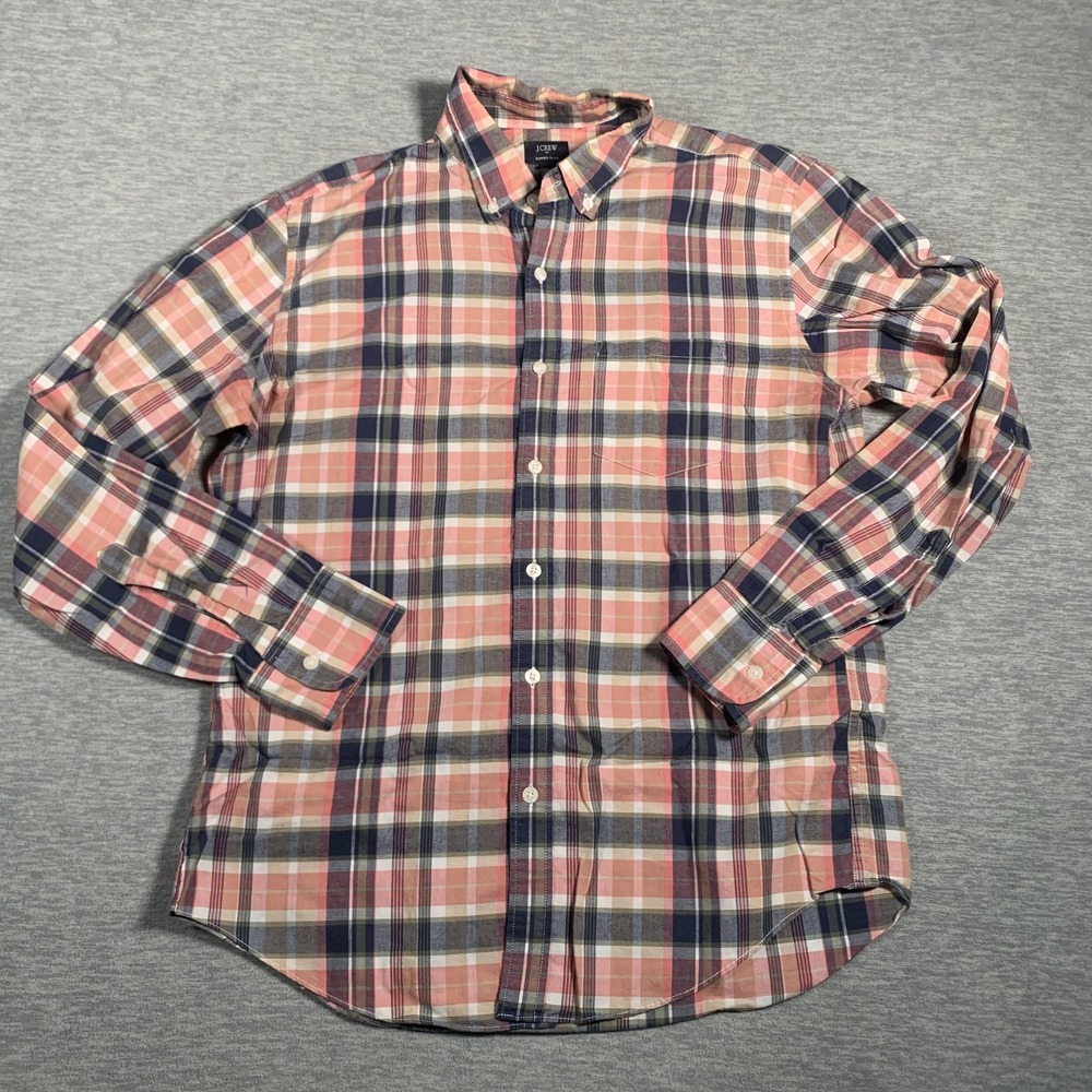 J Crew Shirt Mens Medium Pink Navy Plaid Summer Button Down Long Sleeve Cotton‎